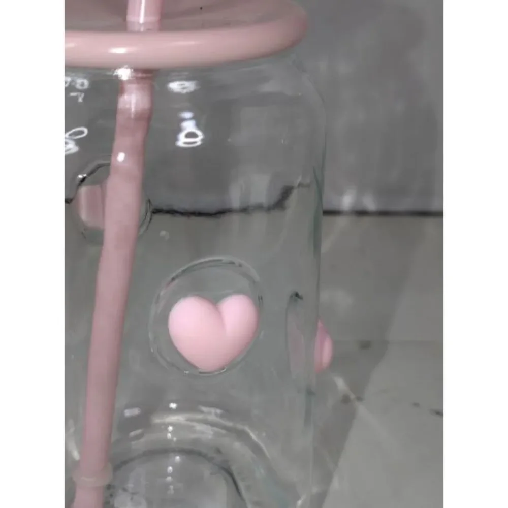 Viral Coquette Heart Glass Tumblers Pink Red Cherry Lid Straw Set of 4 Cute